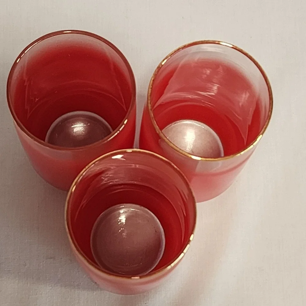 Set of 3 Vintage Blendo Red Frosted Ombre Tumbler Glasses Gold Rim MCM Highball